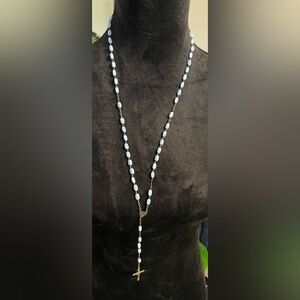 Vintage Blue Glass Bead Rosary Silver toned crucifix Catholic Italy
